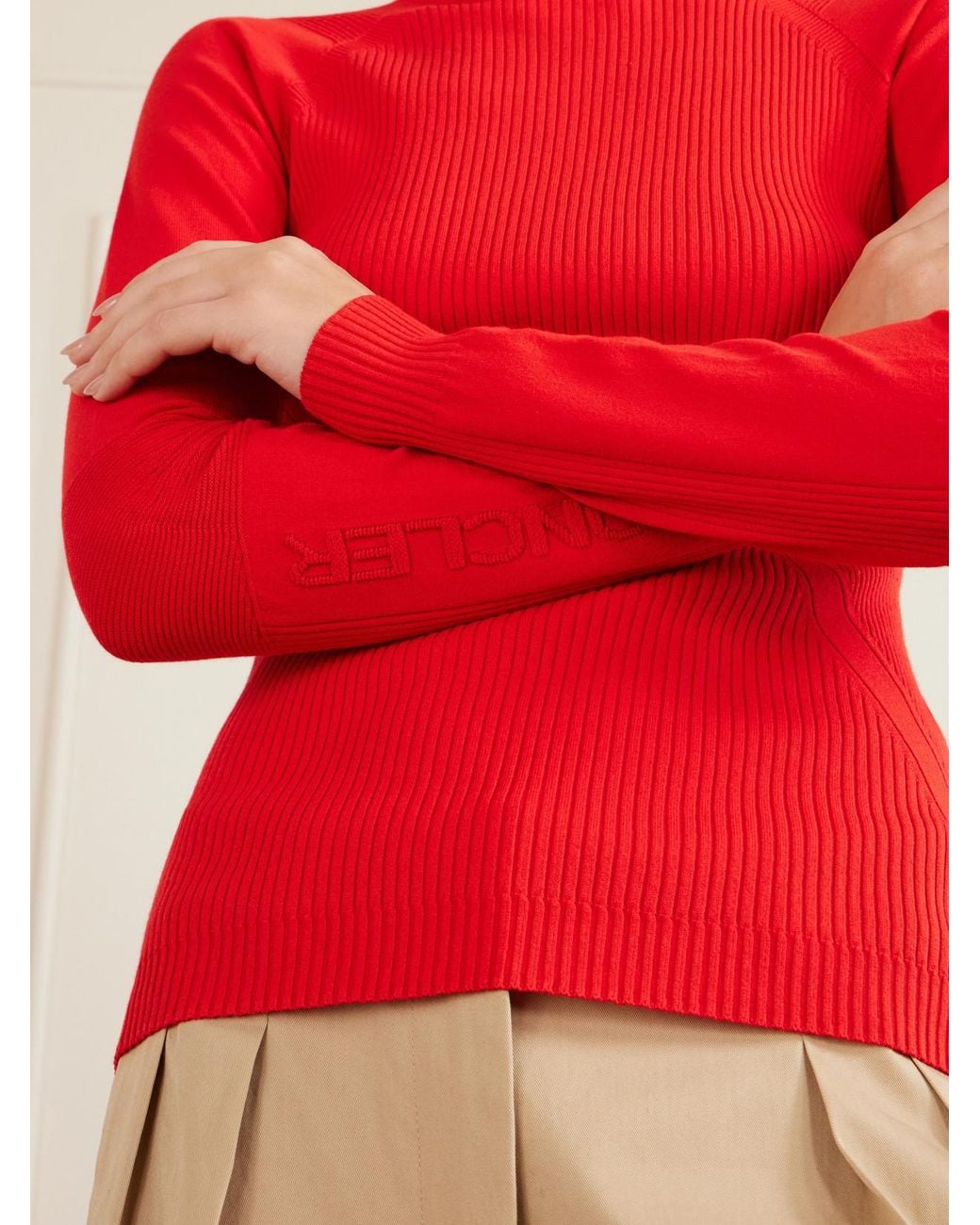 Moncler Red Appliquéd Ribbed-Knit T-Shirt
