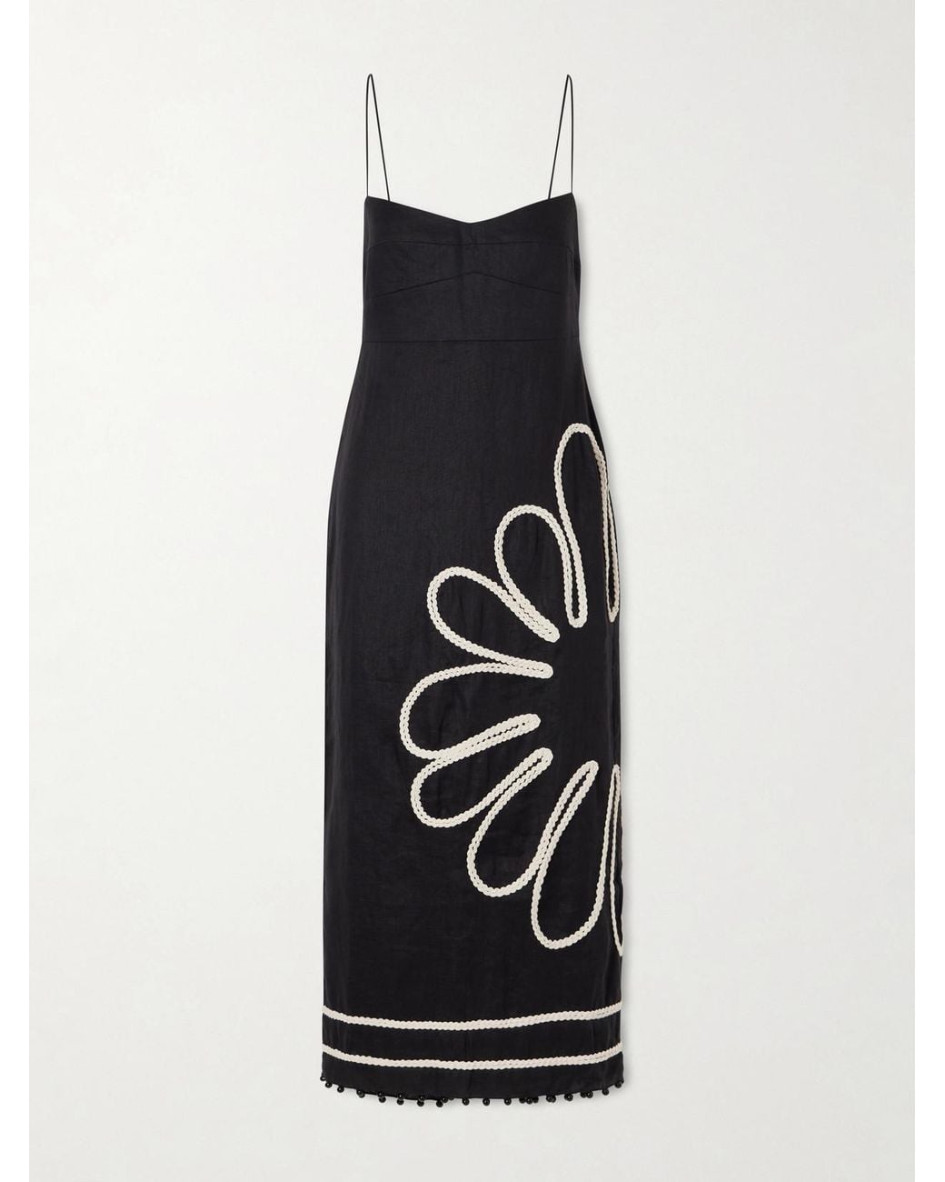 Cala De La Cruz White Paloma Bead-Embellsihed Embroidered Linen Midi Dress