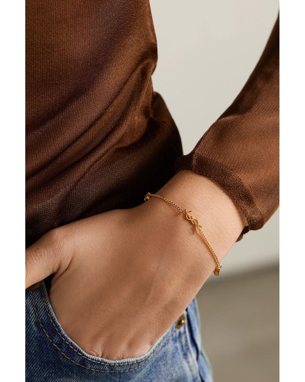 Saint Laurent White Crystal-Embellished-Tone Bracelet