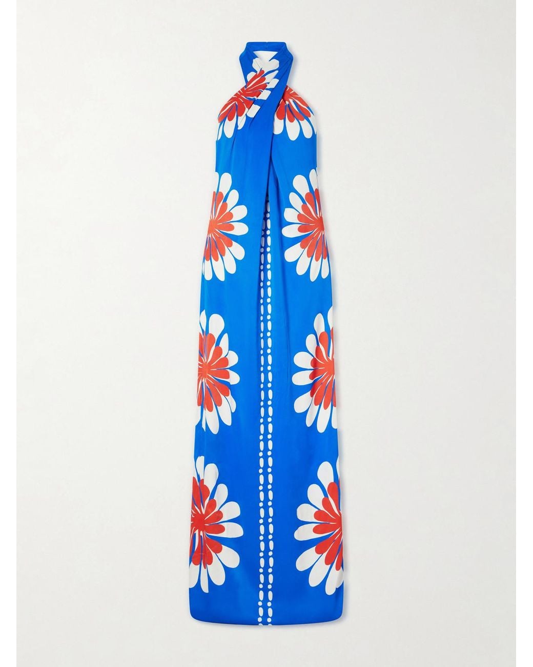Cala De La Cruz Blue Oliviera Floral-Print Satin Halterneck Maxi Dress
