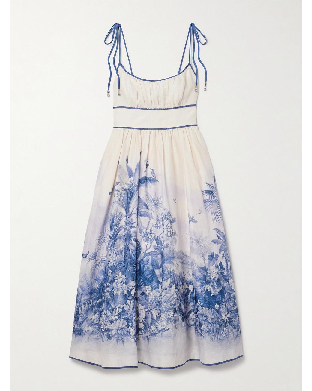 Zimmermann Wylie Shirred Printed Linen Midi Dress in Blue | Lyst