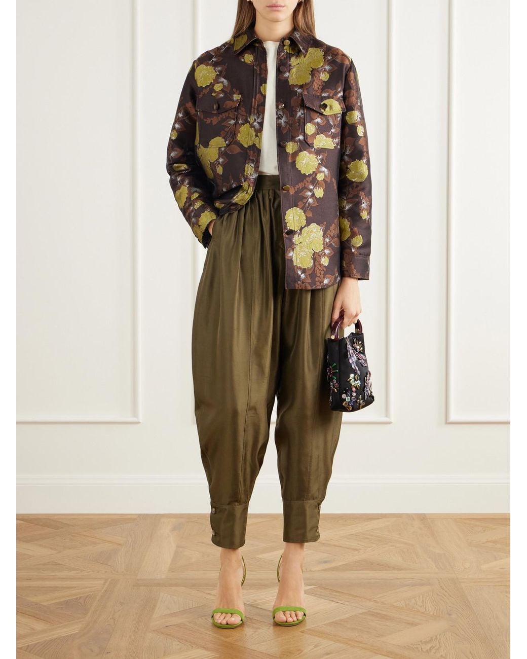 LaDoubleJ Green Harem Pleated Silk-Shantung Tapered Pants