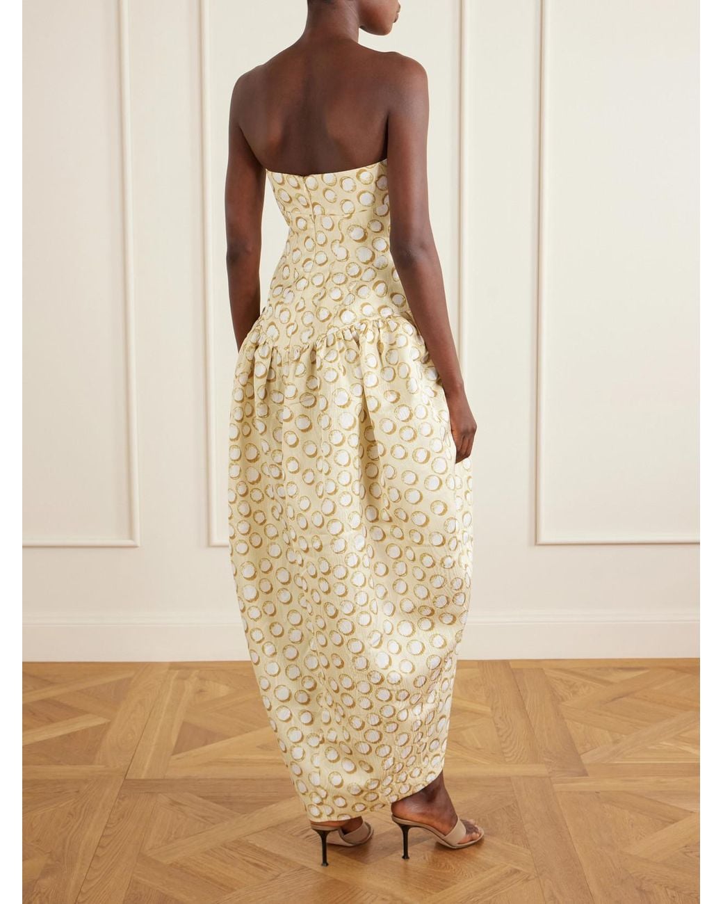ALÉMAIS White Paula Ruched Printed Brocade Gown