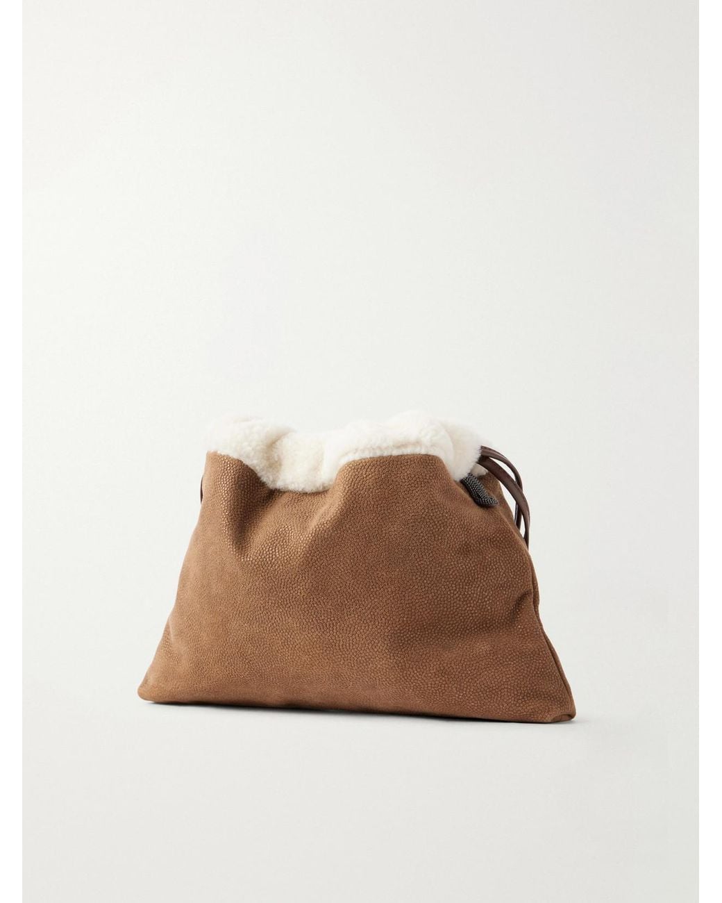 Brunello Cucinelli Brown Bead-Embellished Shearling-Trimmed Full-Grain Leather Clutch