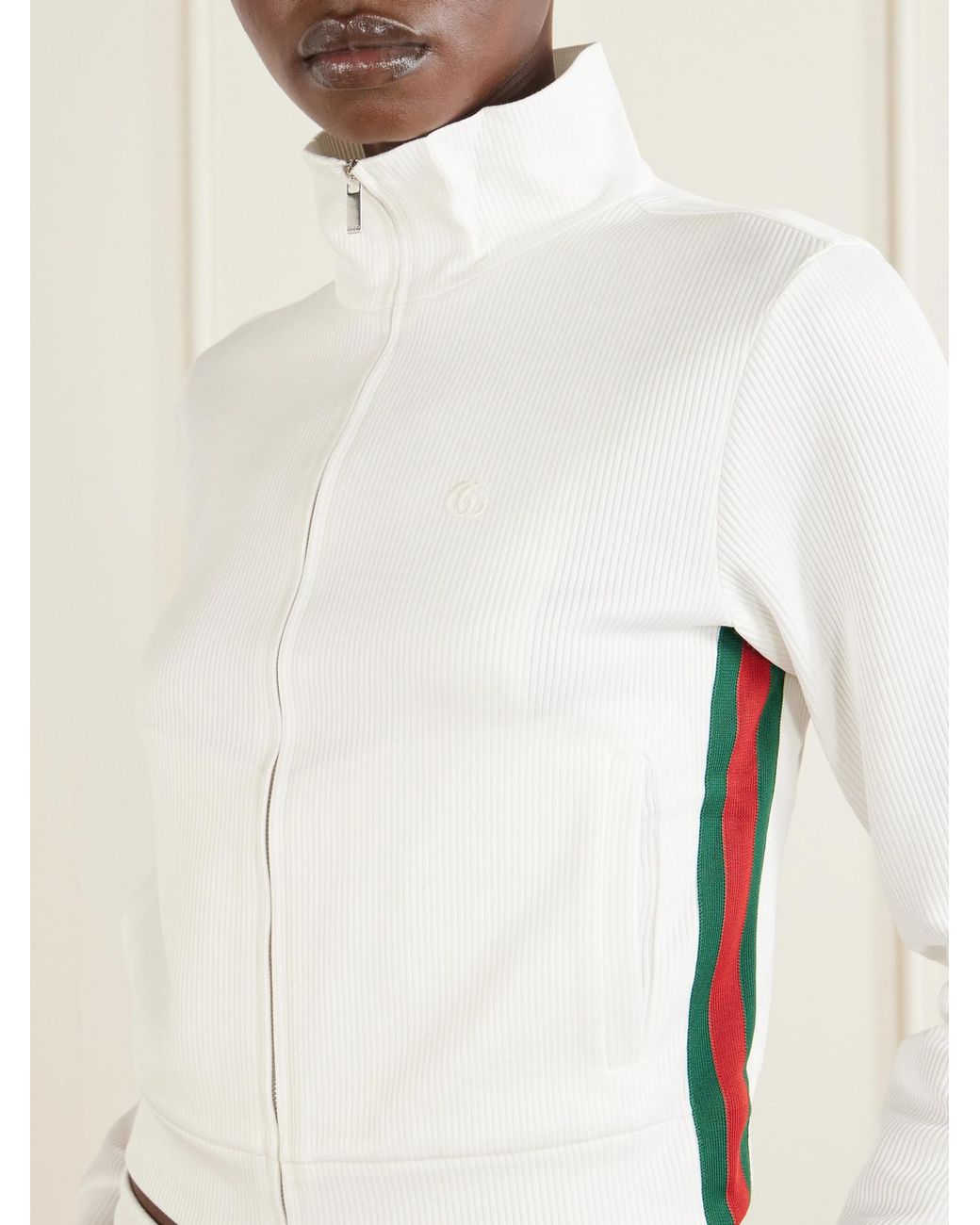 Gucci White Webbing-Trimmed Ribbed Zip-Up Jacket