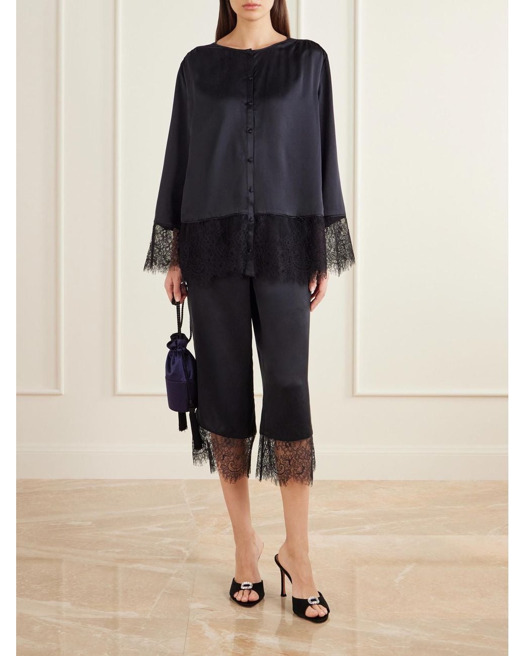 Posse Blue Blake Lace-Trimmed Silk-Satin Straight-Leg Pants