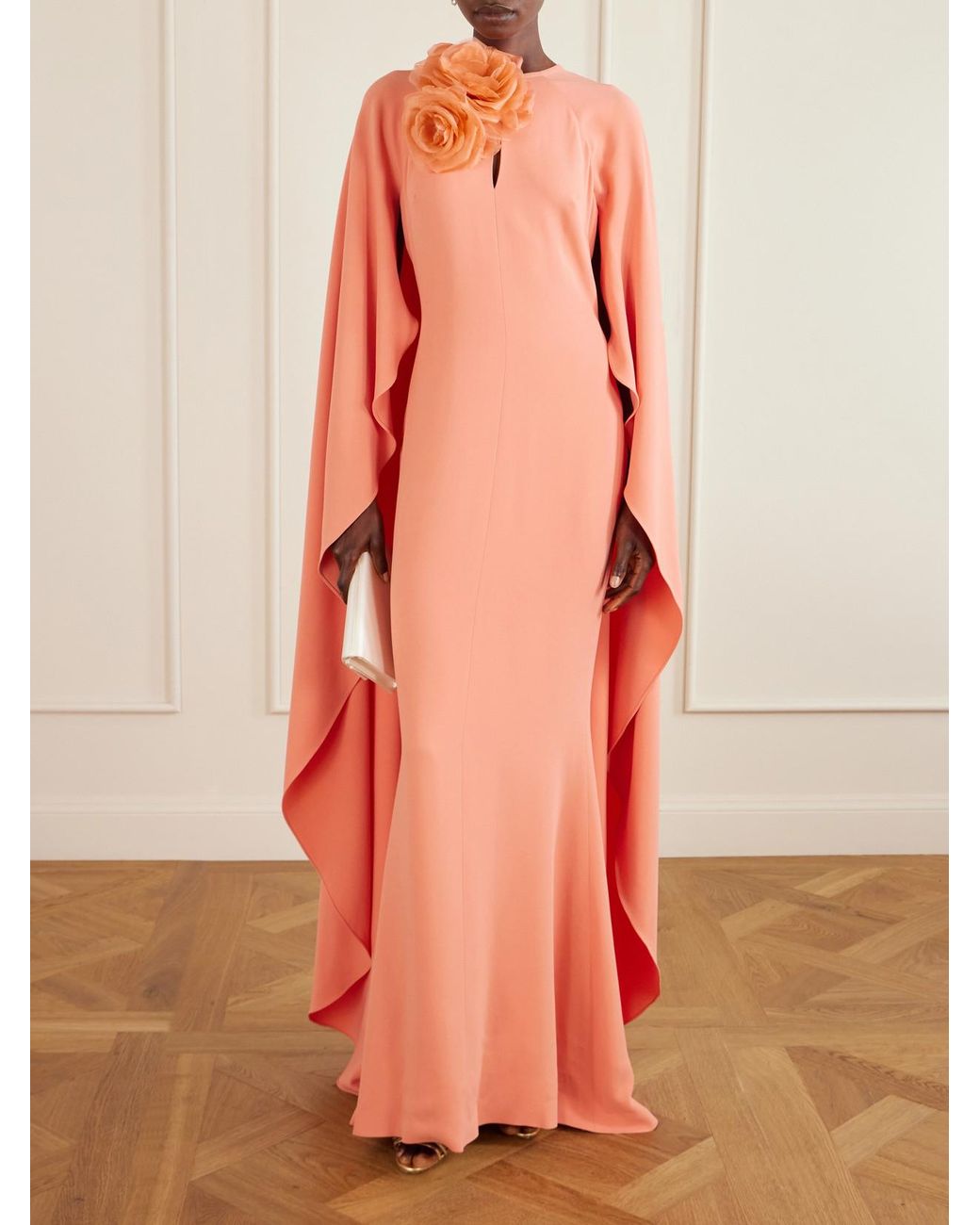 Elie Saab Pink Appliquéd Cape-Effect Cady Gown
