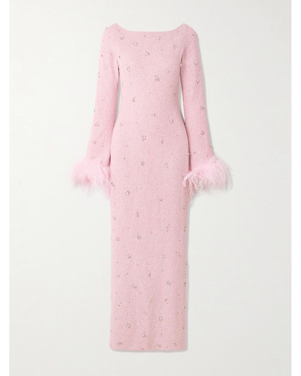 Clio Peppiatt Pink Mae Feather-Trimmed Embellished Stretch-Mesh Gown
