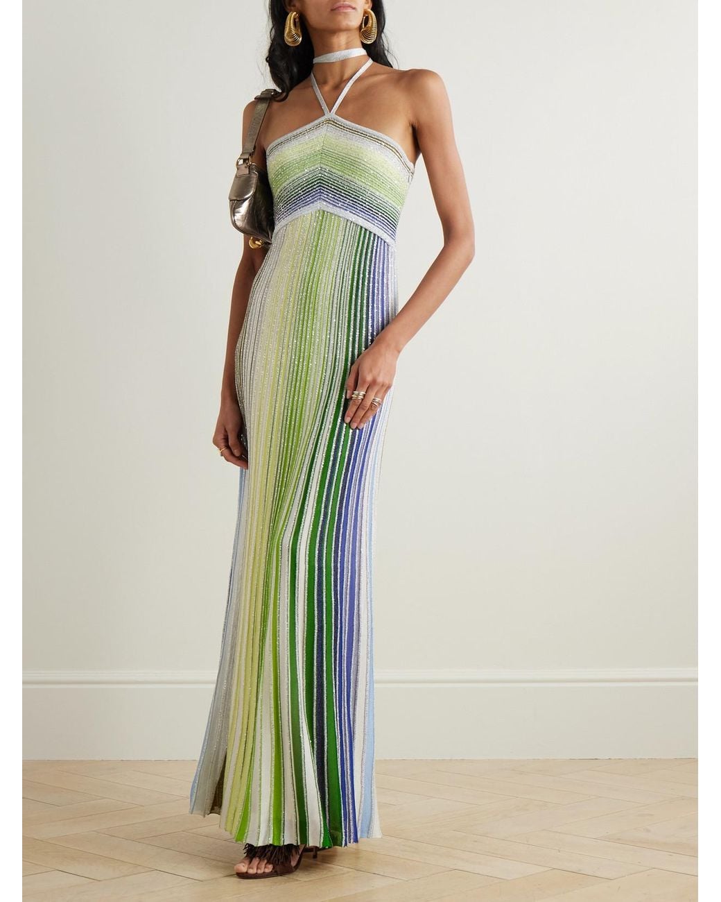 missoni green knit dress Missoni Fit & Flare Green Blue Chevron Print Open Shoulder Knit Dress Sz 2