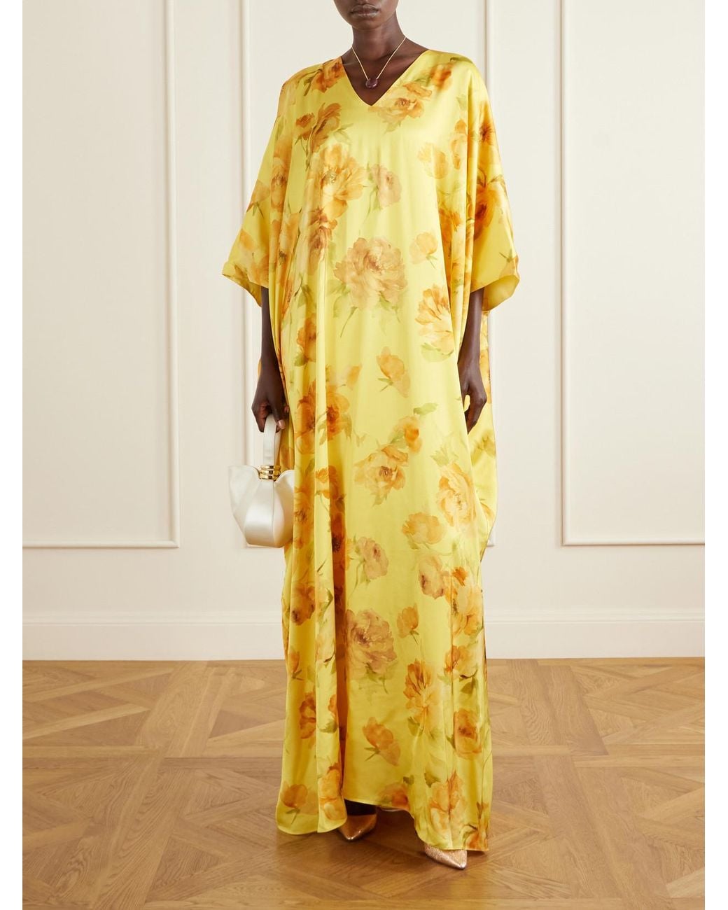 Dima Ayad Yellow Floral-Print Satin Gown
