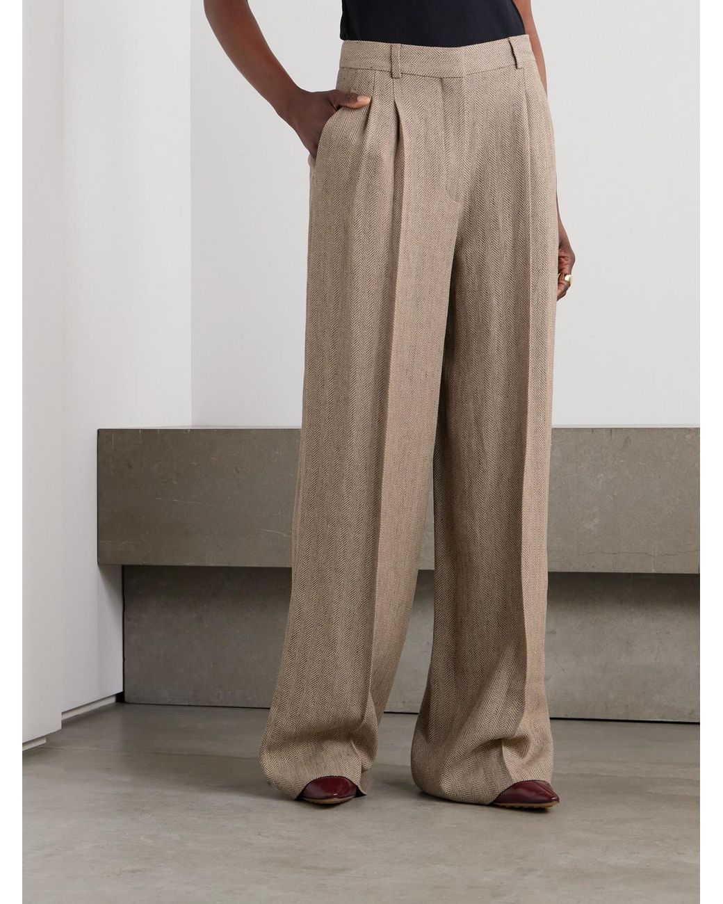 Loro Piana White Nyack Pleated Herringbone Linen Wide-Leg Pants