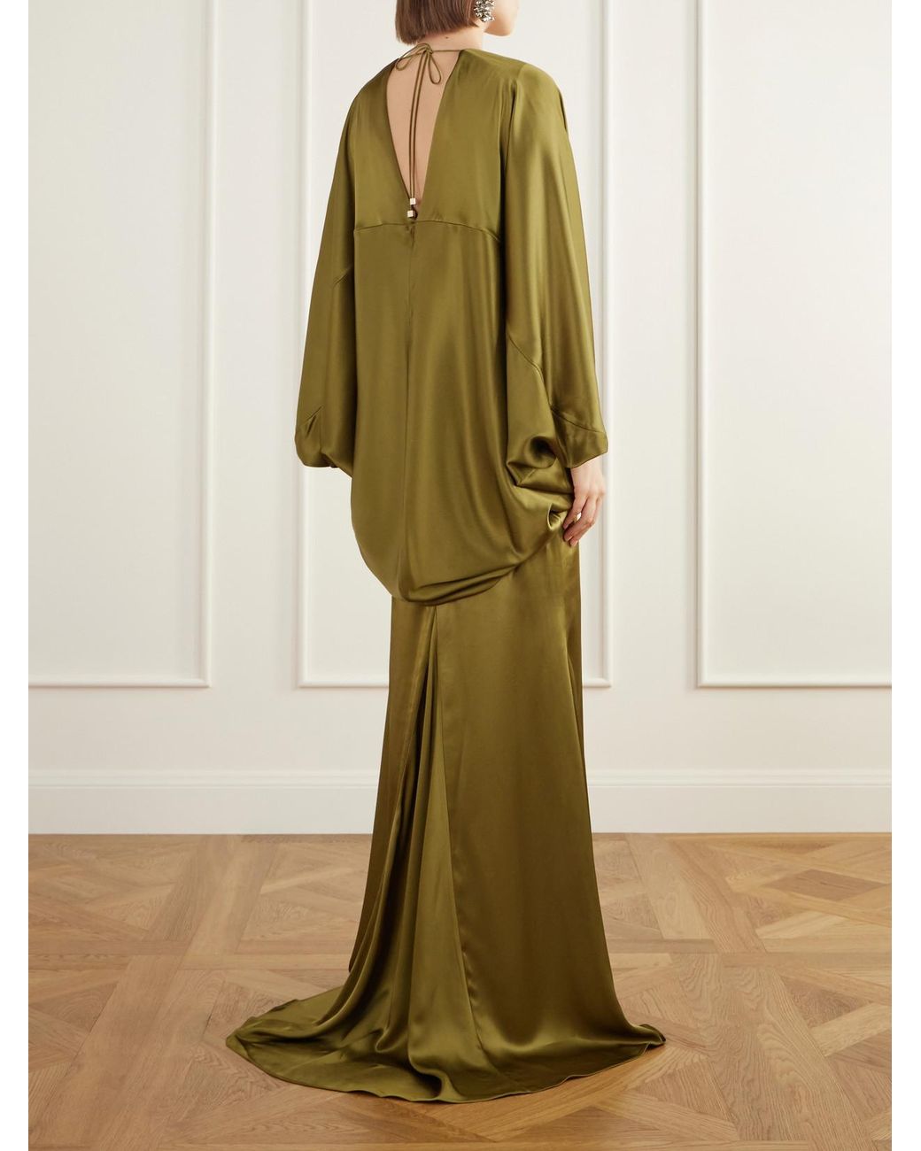 Taller Marmo Green Butterfly Draped Satin Gown