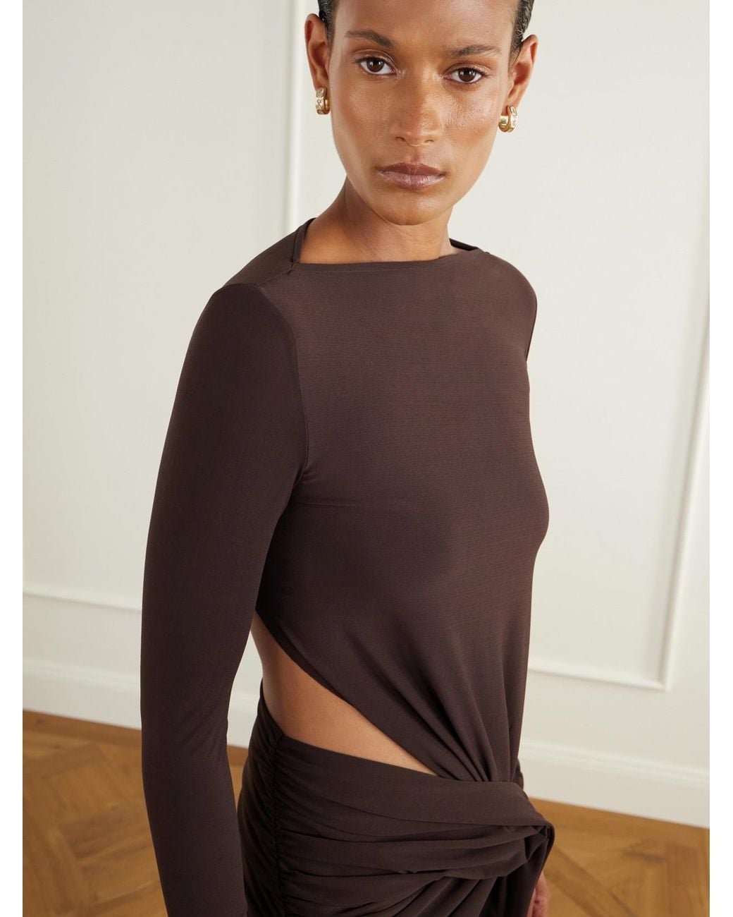 Alex Perry Brown Cut-Out Gathered Crepe Gown