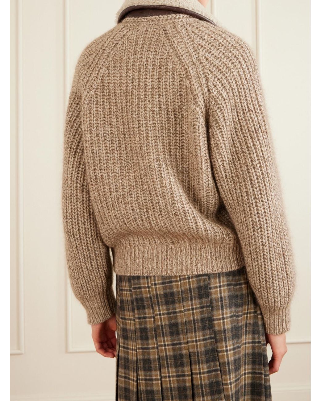 Brunello Cucinelli Natural Shearling And Leather-Trimmed Cashmere-Blend Cardigan