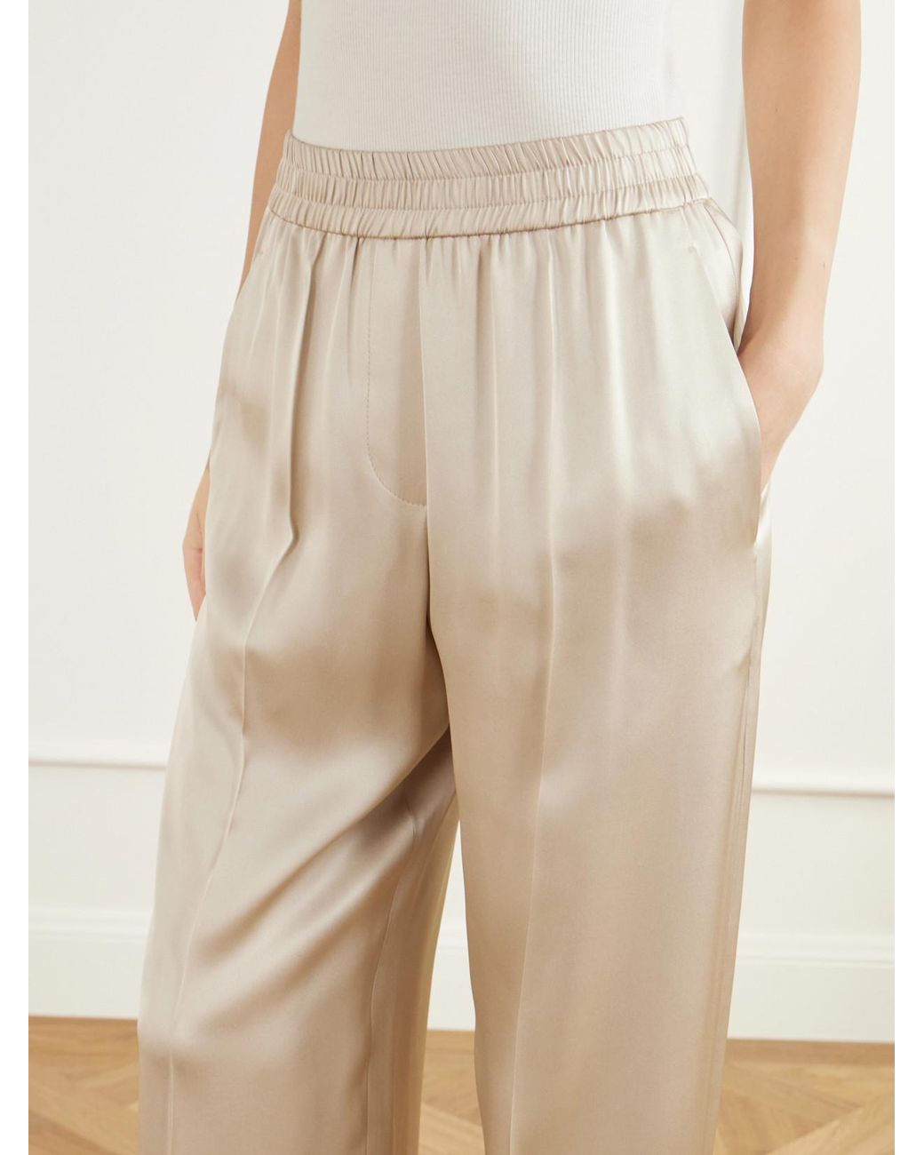 Brunello Cucinelli Natural Pleated Silk-Satin Wide-Leg Pants