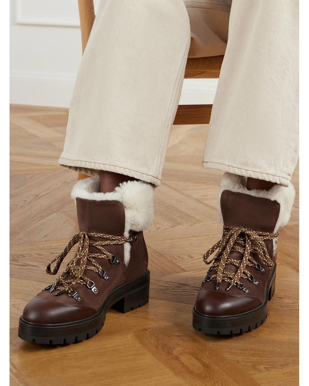 Aquazzura Brown Val D'Isere Shearling And Leather-Trimmed Suede Ankle Boots