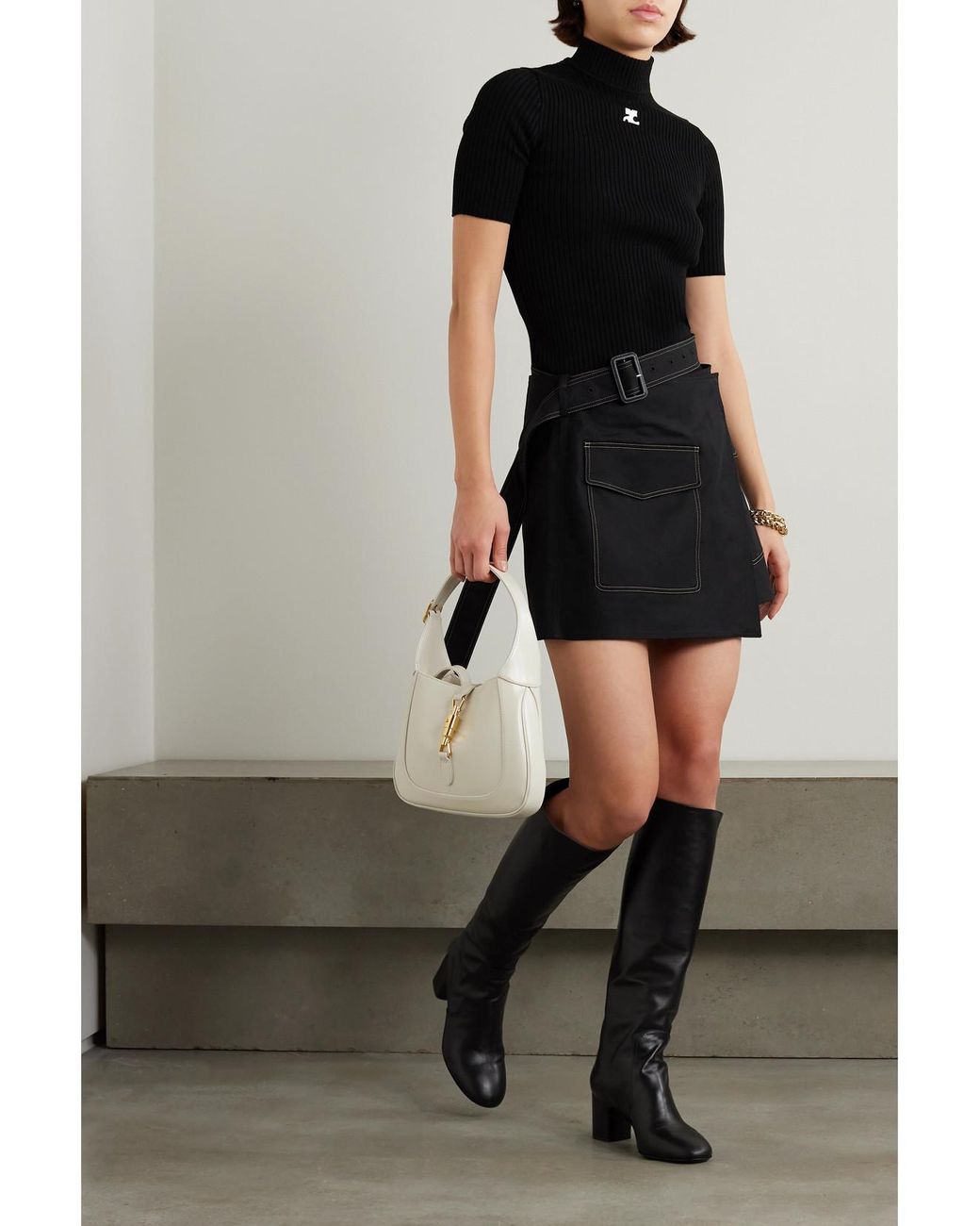 Courreges Black Embroidered Ribbed-Knit Top