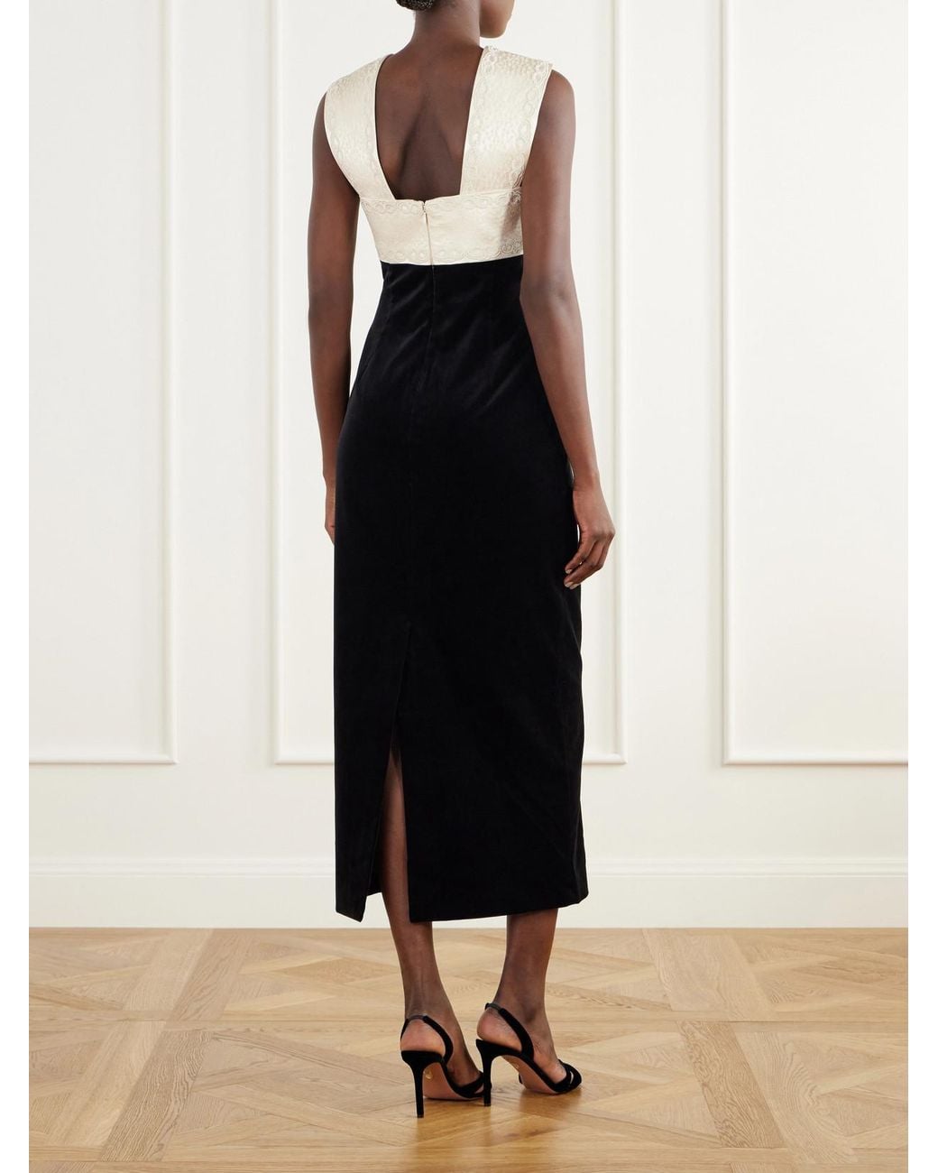 Posse Black Florian Embroidered Satin-Trimmed Cotton-Velvet Midi Dress