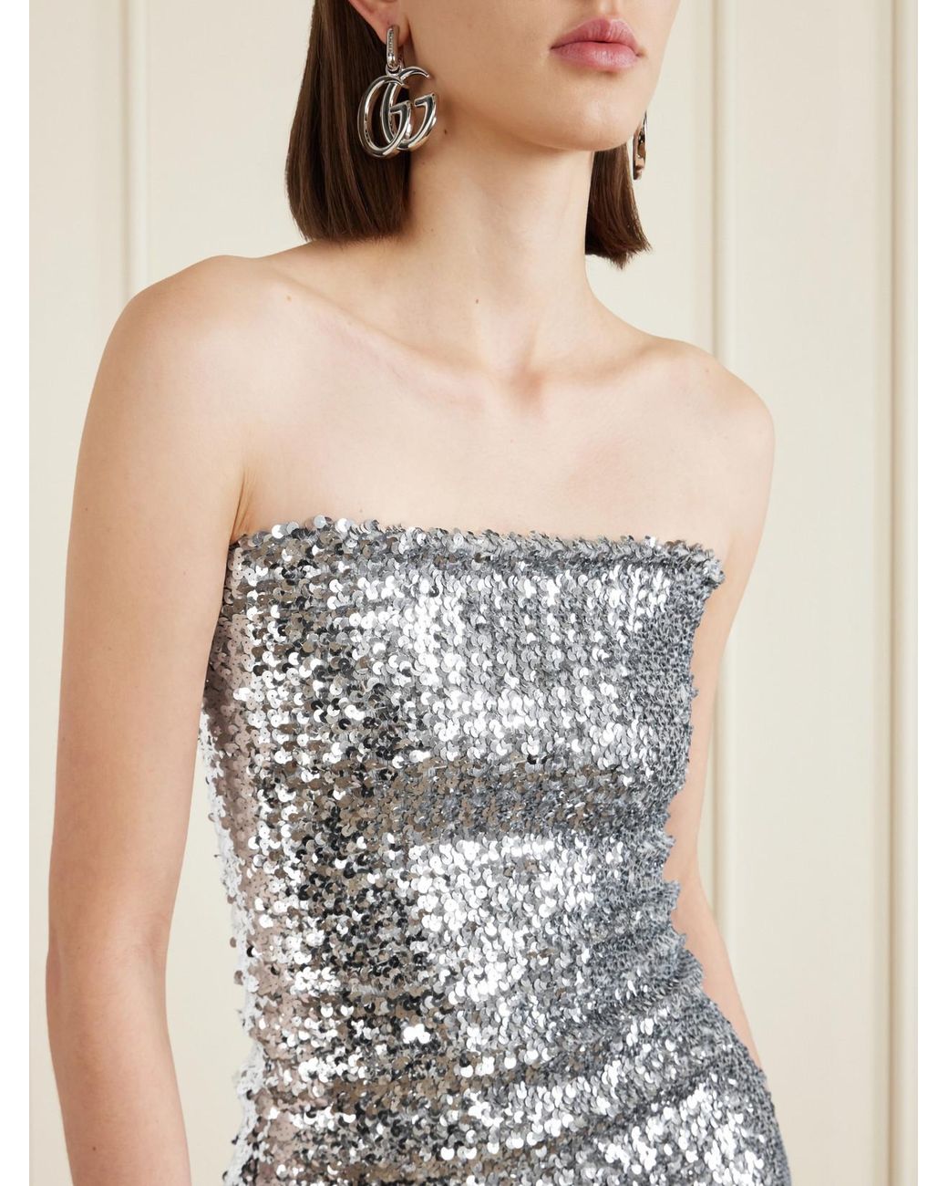 Gucci Gray Strapless Sequined Mesh Mini Dress