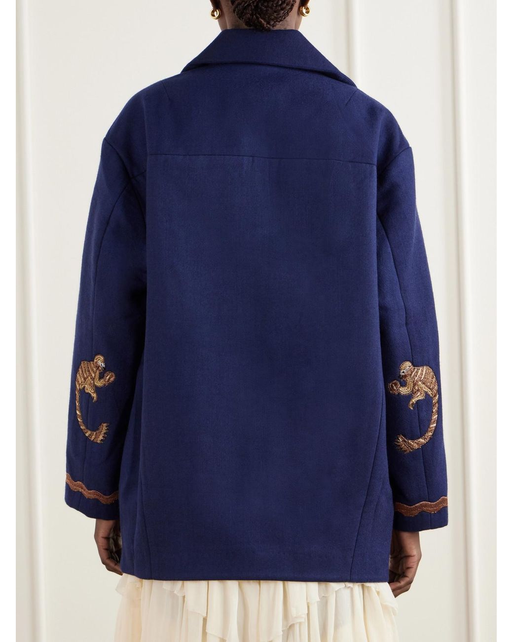 Alix Of Bohemia Blue Rivoli Embroidered Double-Breasted Wool-Twill Coat