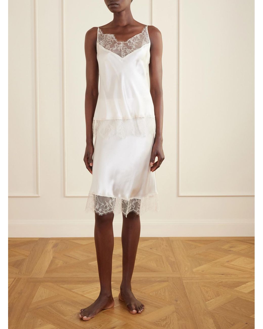 Carine Gilson White Lace-Trimmed Silk-Satin Midi Skirt