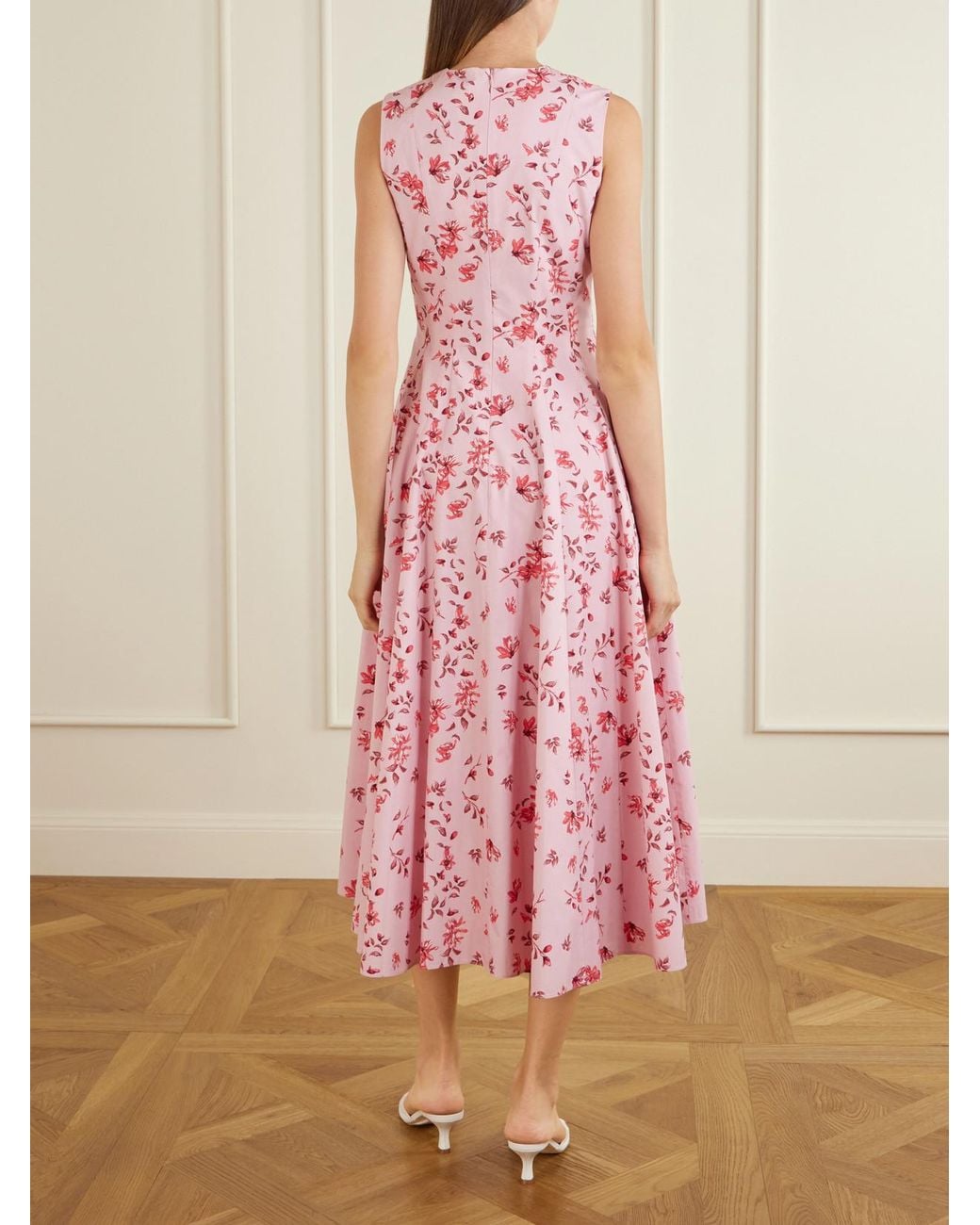 Emilia Wickstead Pink Chelsea Pleated Floral-Print Organic Cotton-Poplin Midi Dress