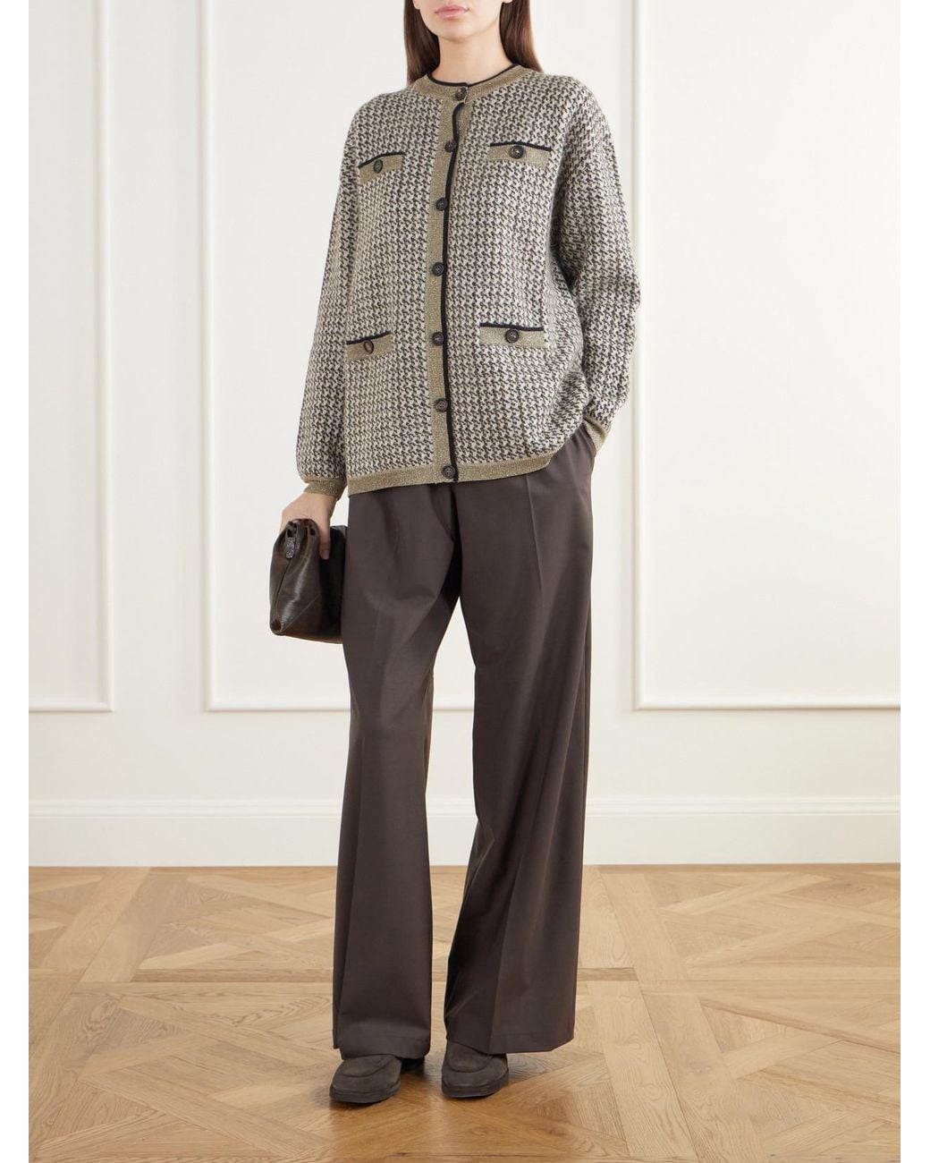 Brunello Cucinelli Gray Rib-Trimmed Houndstooth Knitted Cardigan
