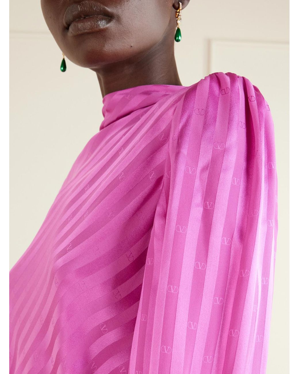 Valentino Garavani Pink Logo-Jacquard Belted Striped Silk-Satin Midi Dress