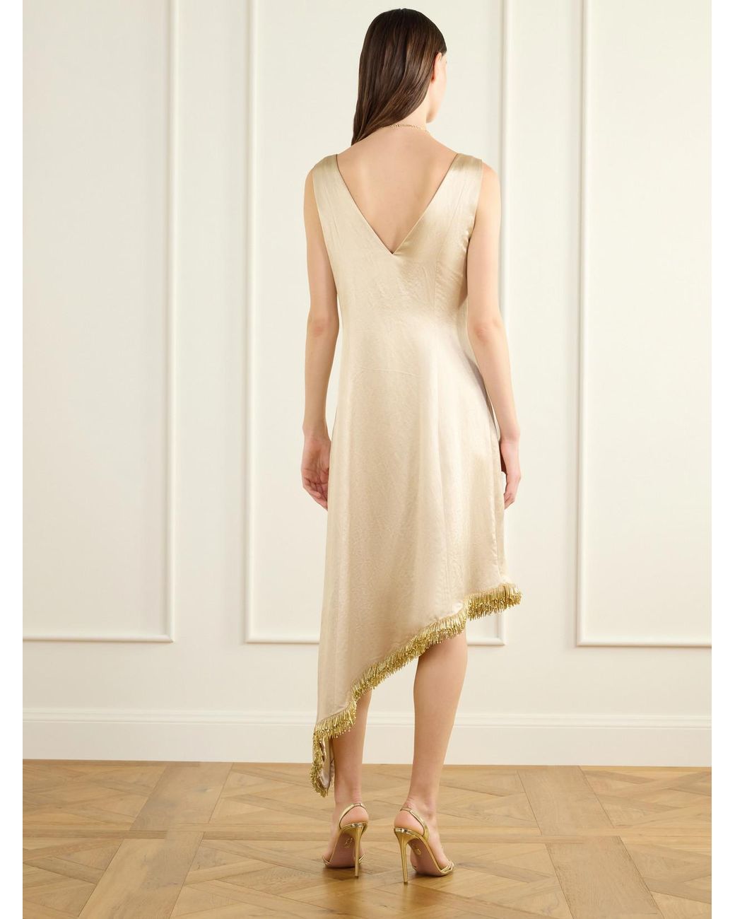 Abadia Natural Lynn Asymmetric Bead-Embellished Satin Midi Dress