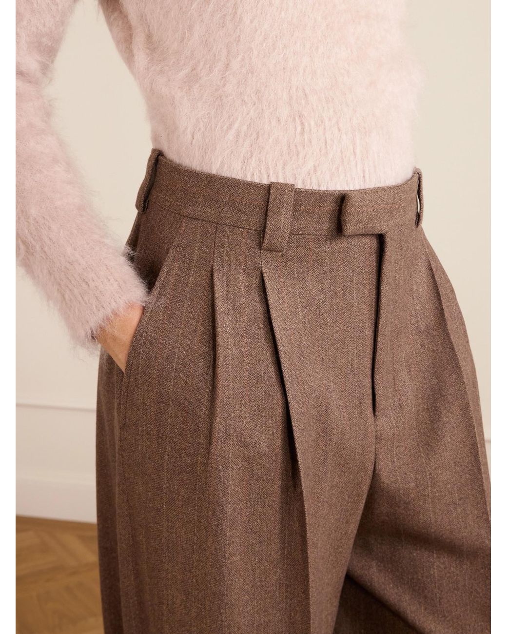 Loro Piana Brown Pleated Pinstriped Wool And Cashmere-Blend Wide-Leg Pants