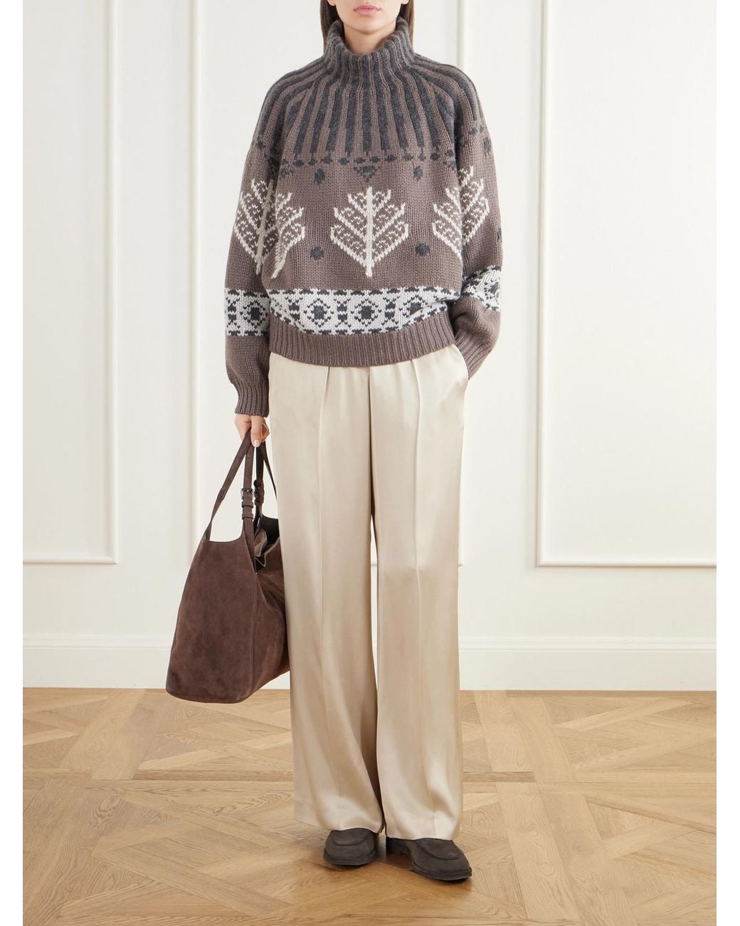 Brunello Cucinelli Natural Pleated Silk-Satin Wide-Leg Pants