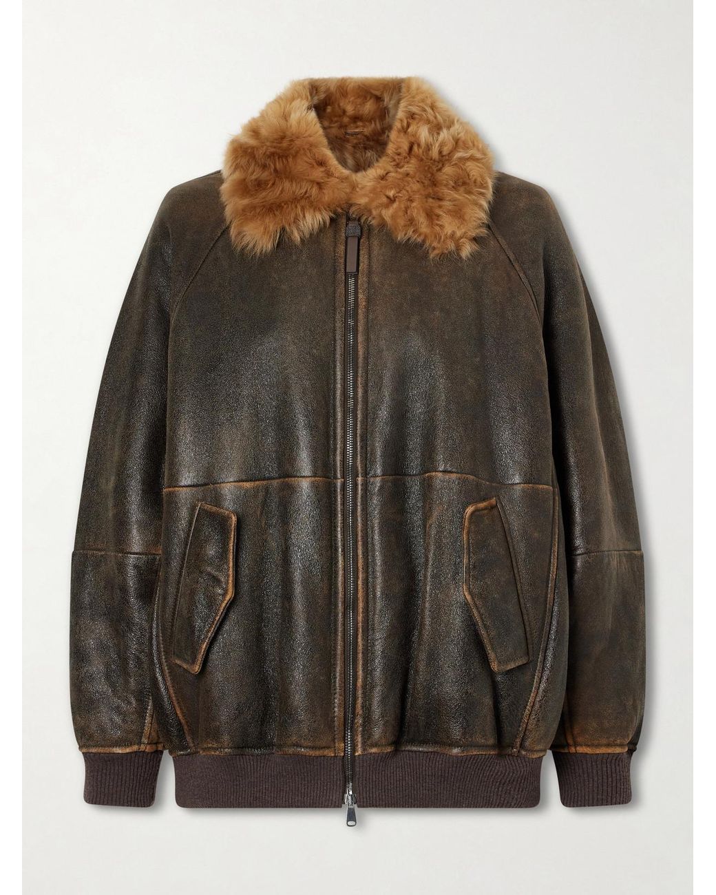 Brunello Cucinelli Brown Shearling-Trimmed Leather Jacket