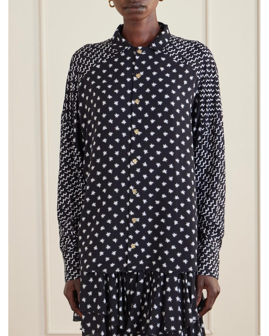 Donde Esteban Black Estrellitas Y Olas Printed Satin Shirt