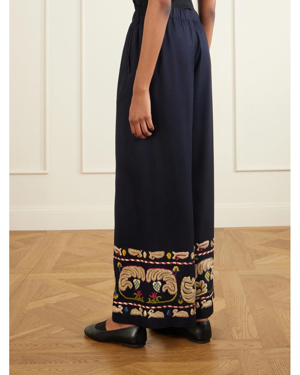 Bode Blue Feather Runner Embroidered Cotton-Blend Flared Pants