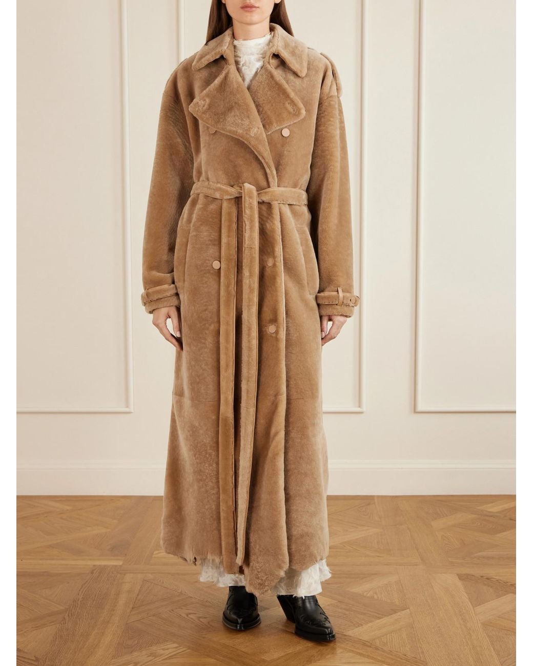 Gabriela Hearst Natural Tellus Belted Double-Breasted Leather-Trimmed Shearling Coat