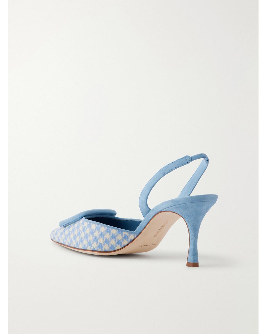 Manolo Blahnik Blue Mayslibi 70 Suede-Trimmed Houndstooth Slingback Pumps
