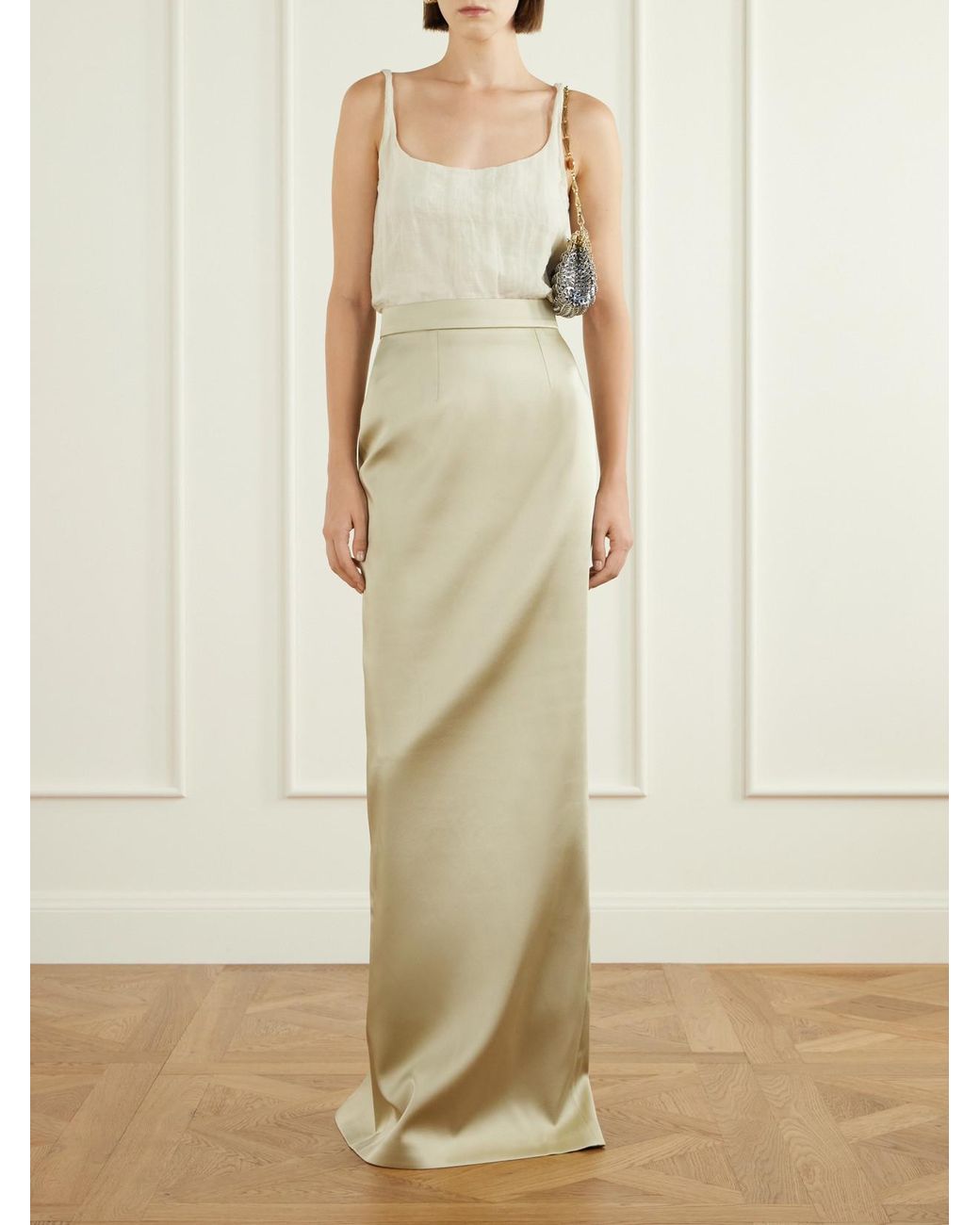 Ilkyaz Ozel White Sirena Satin Maxi Skirt