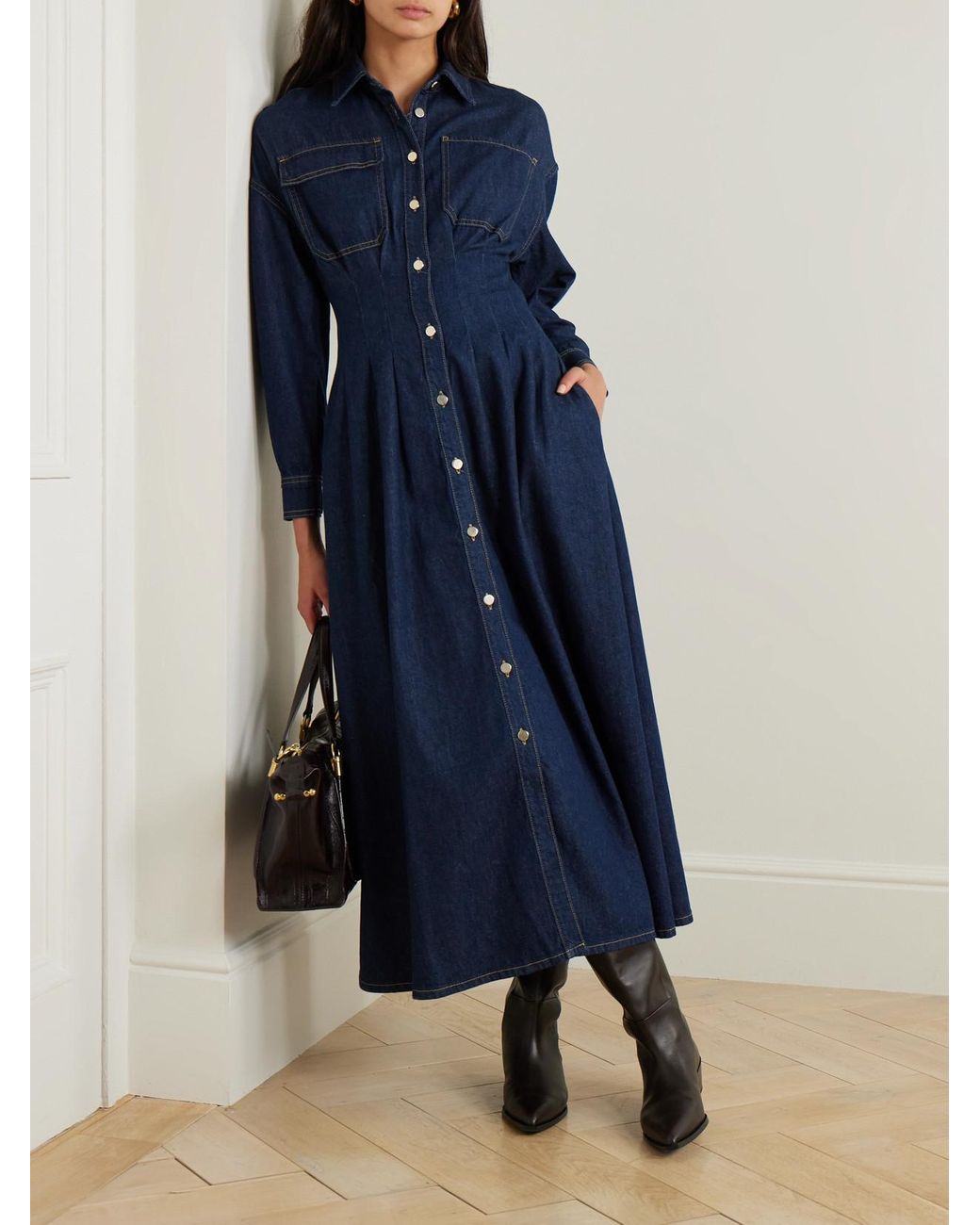 FRAME The Nipped Pleated Denim Maxi Dress in Blue | Lyst