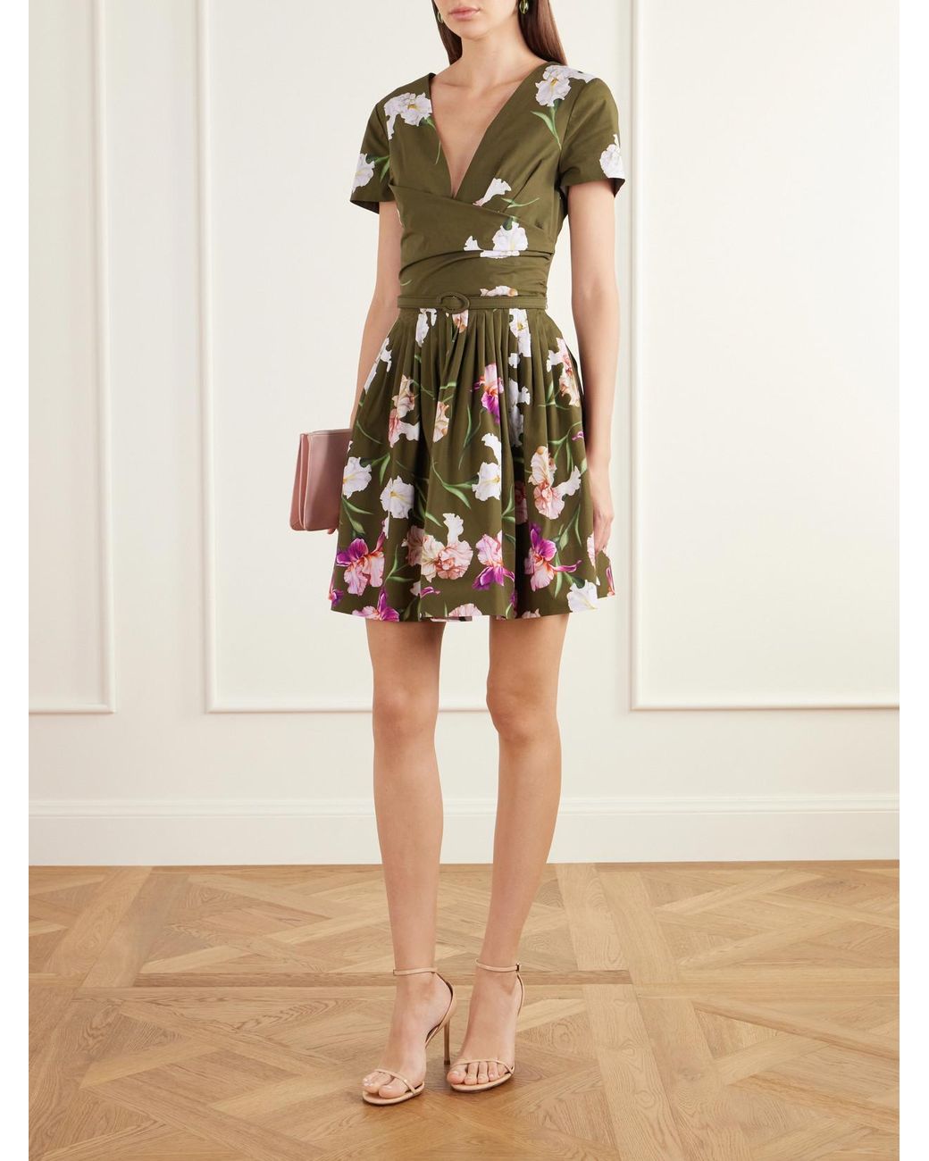 Oscar de la Renta Green Iris Belted Draped Floral-Print Cotton-Blend Poplin Mini Dress