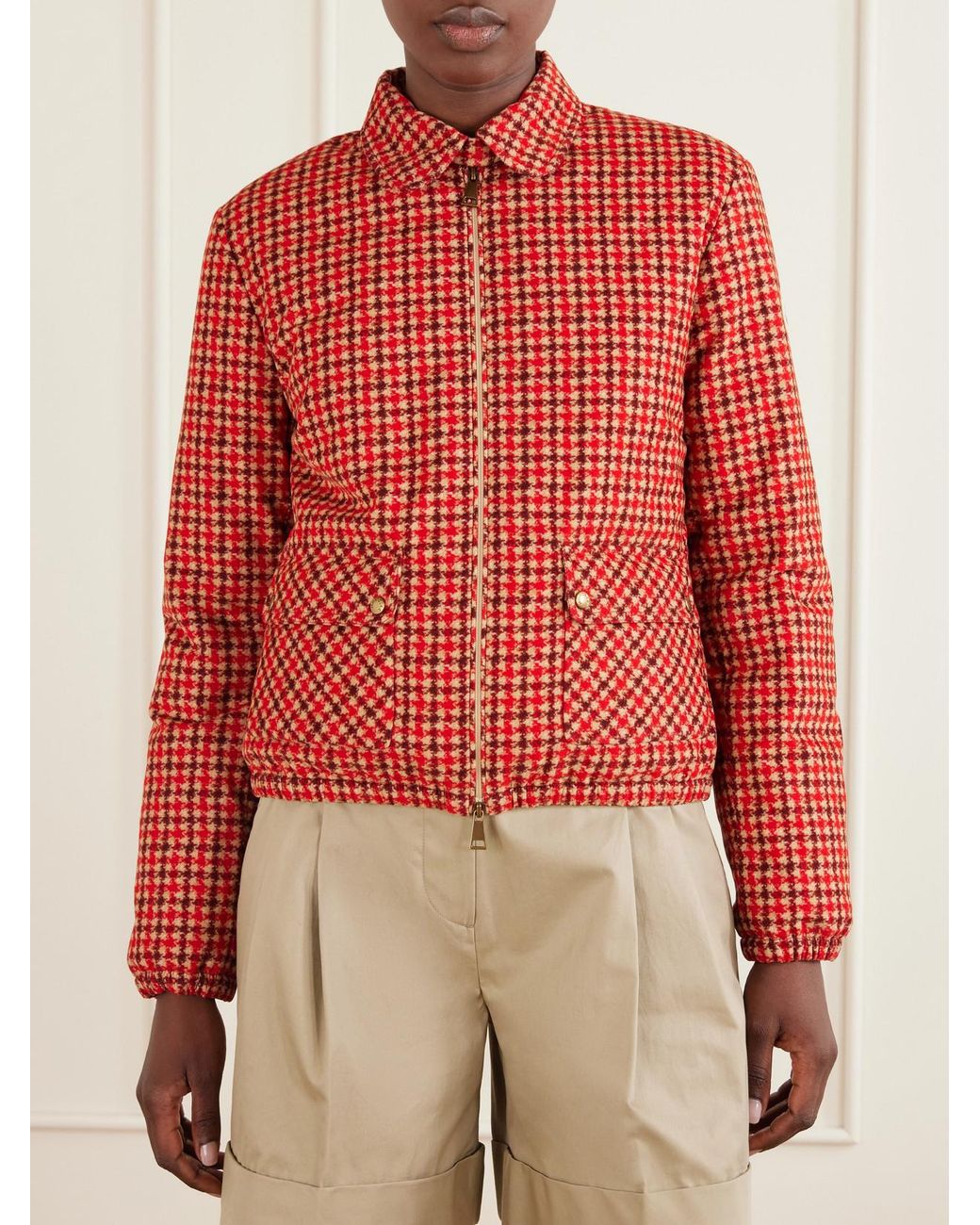 Moncler Red Lanset Logo-Appliquéd Checked Cotton Down Jacket
