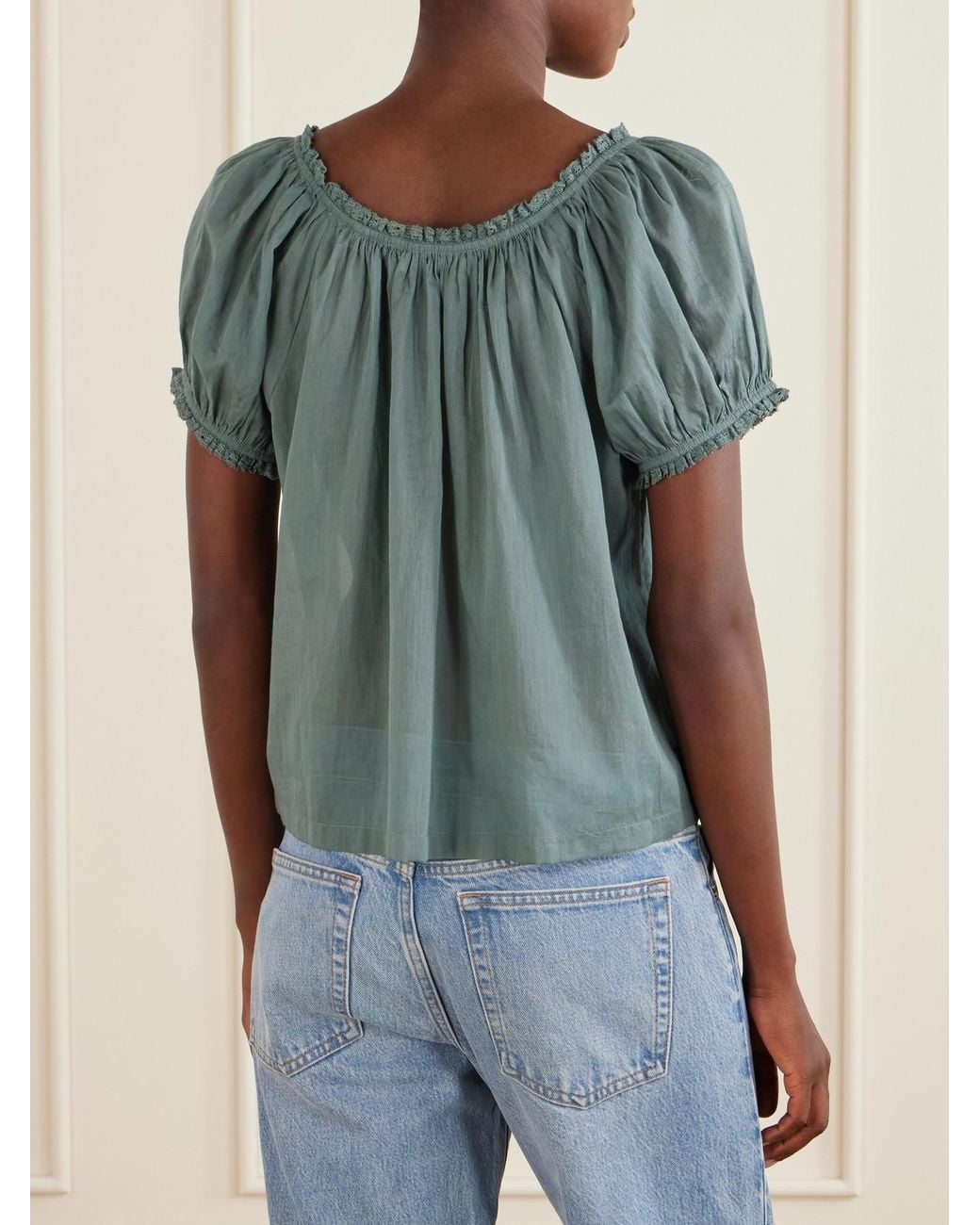 Doen Blue Frederica Lace-Trimmed Organic Cotton-Voile Blouse