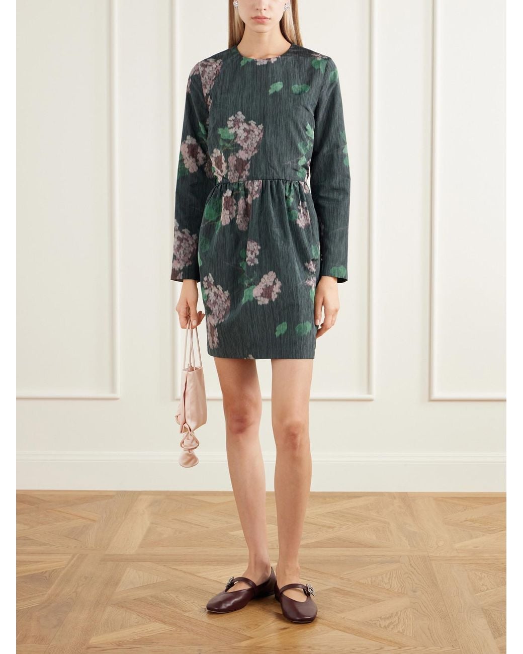 BERNADETTE Gray Lennie Gathered Floral-Print Taffeta Mini Dress