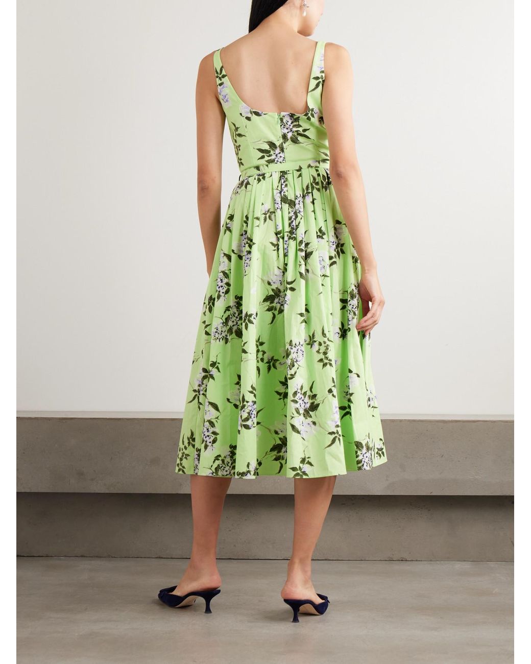 Emilia Wickstead Green Eglantine Belted Gathered Floral-Print Cotton-Poplin Midi Dress