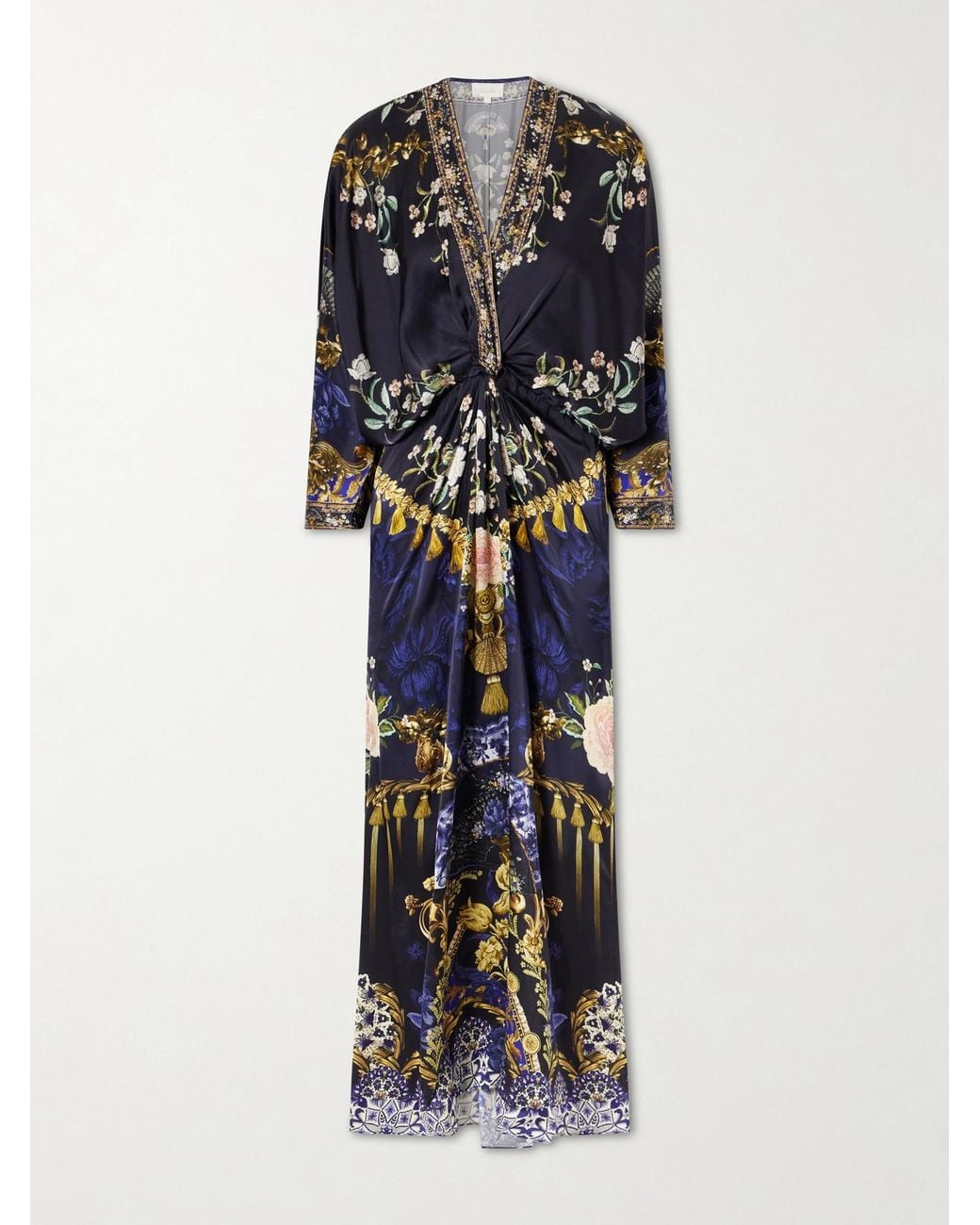 Camilla Blue Gathered Embellished Printed Silk Maxi Dress