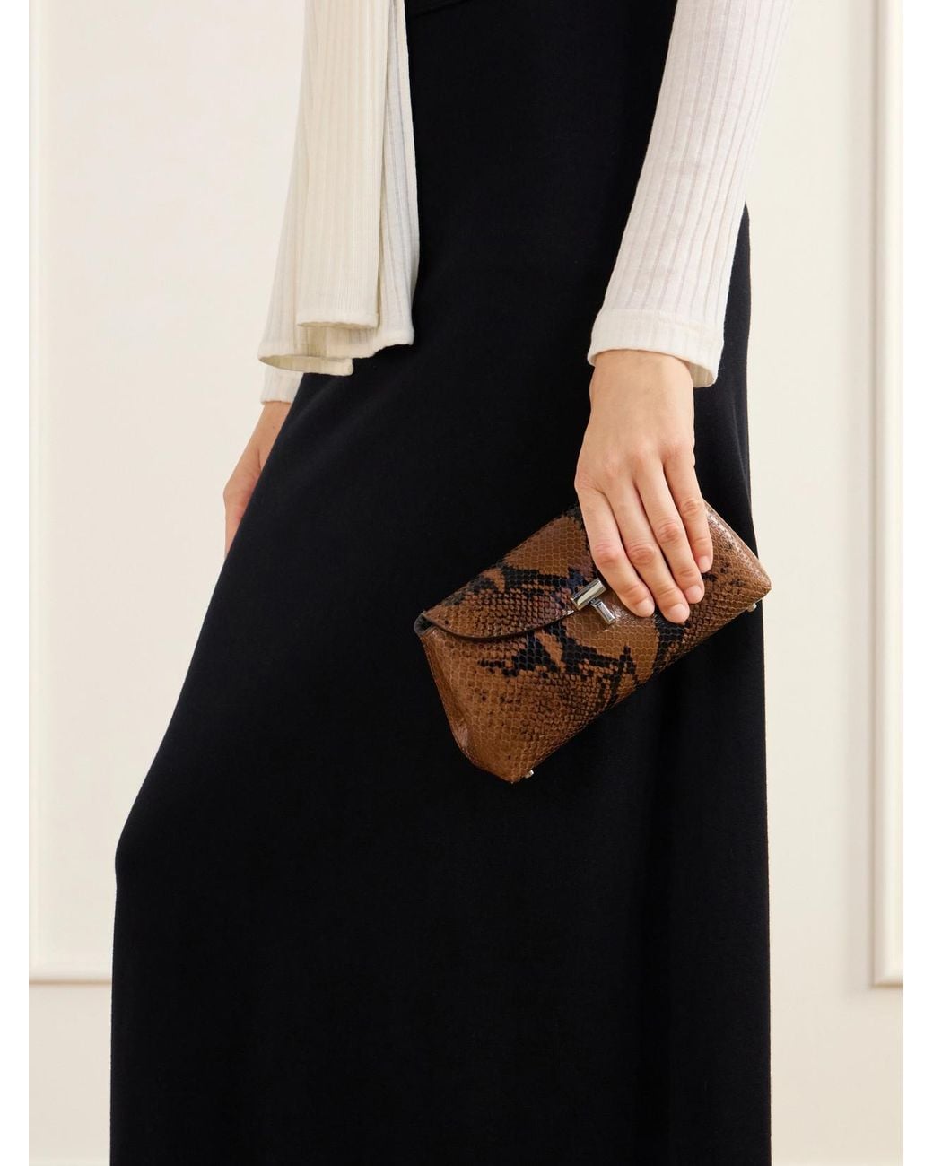 Totême Brown T-Lock Mini Snake-Effect Leather Clutch