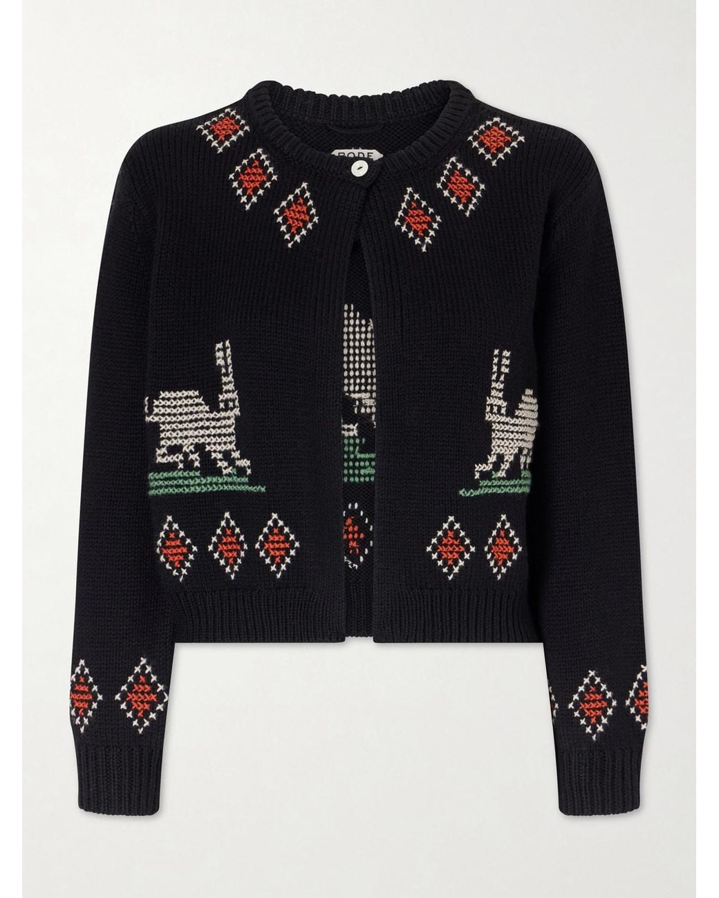 Bode Black Bunny Jacquard-Knit Wool Cardigan