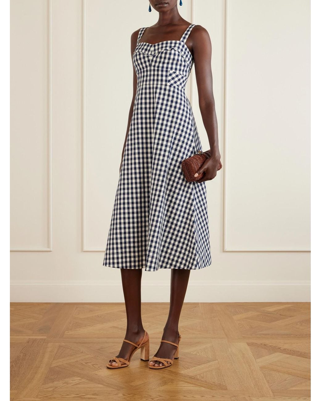 Veronica Beard White Lois Checked Stretch-Cotton Cloqué Midi Dress