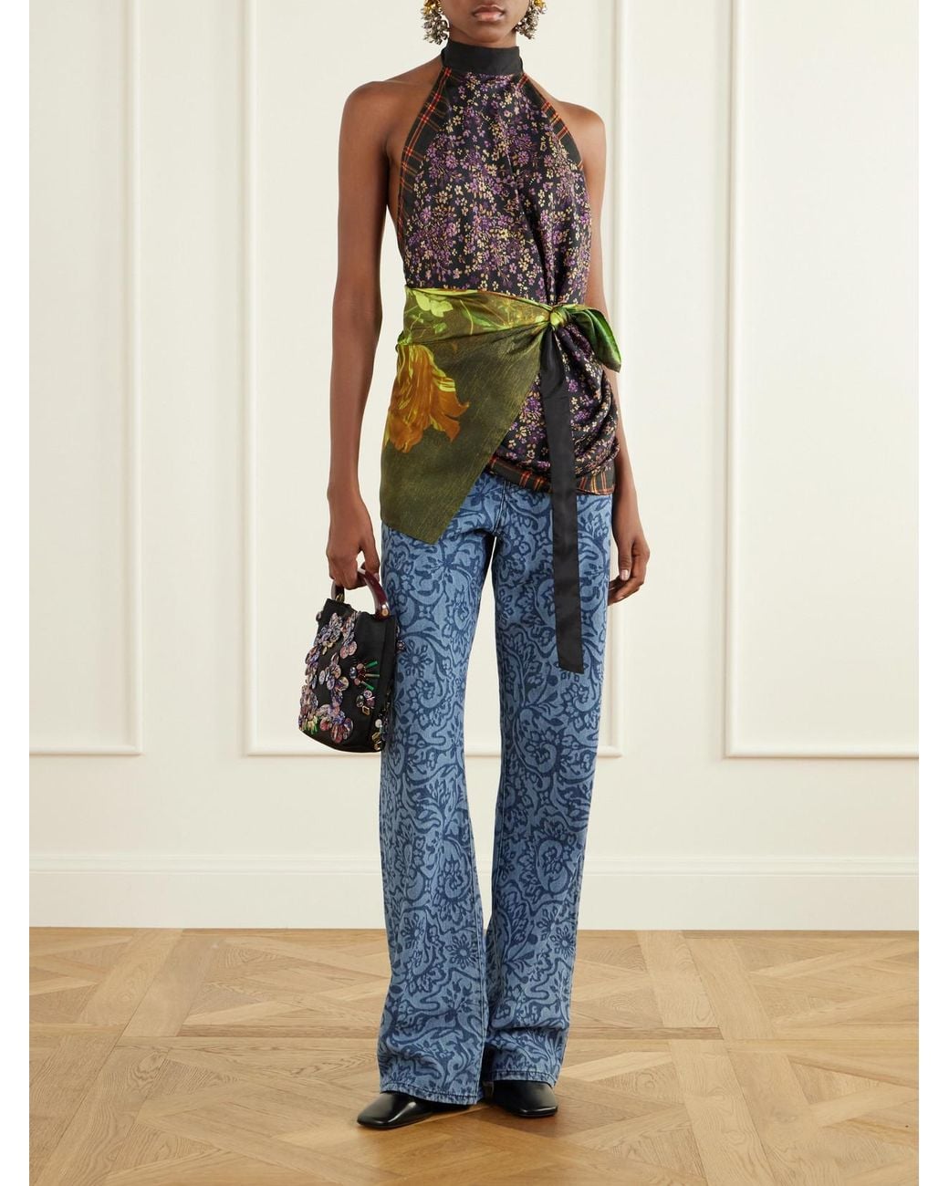 Dries Van Noten Blue Printed Mid-Rise Wide-Leg Jeans