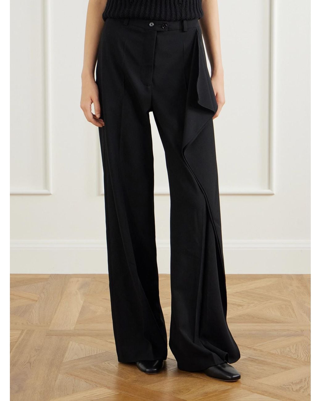 Jil Sander Black Draped Wool-Sablé Wide-Leg Pants