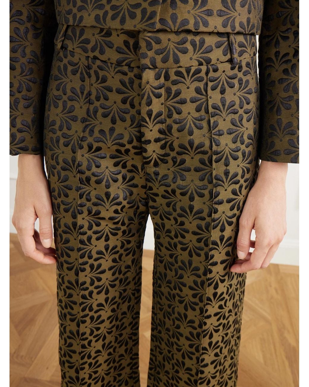 D'Estree Green Yoshitomo Pintucked Floral-Jacquard Wide-Leg Pants